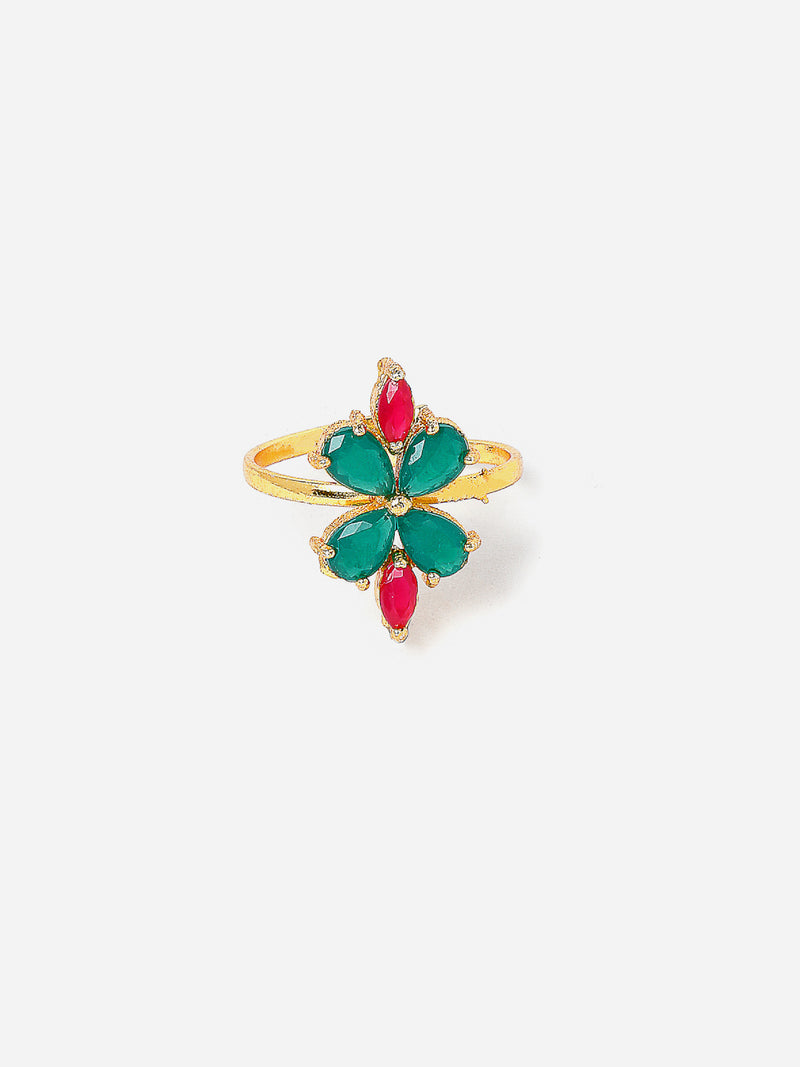 Sea Green & Red Flower Shaped Gold-Plated American Diamond Studded Jewellery Set Combo