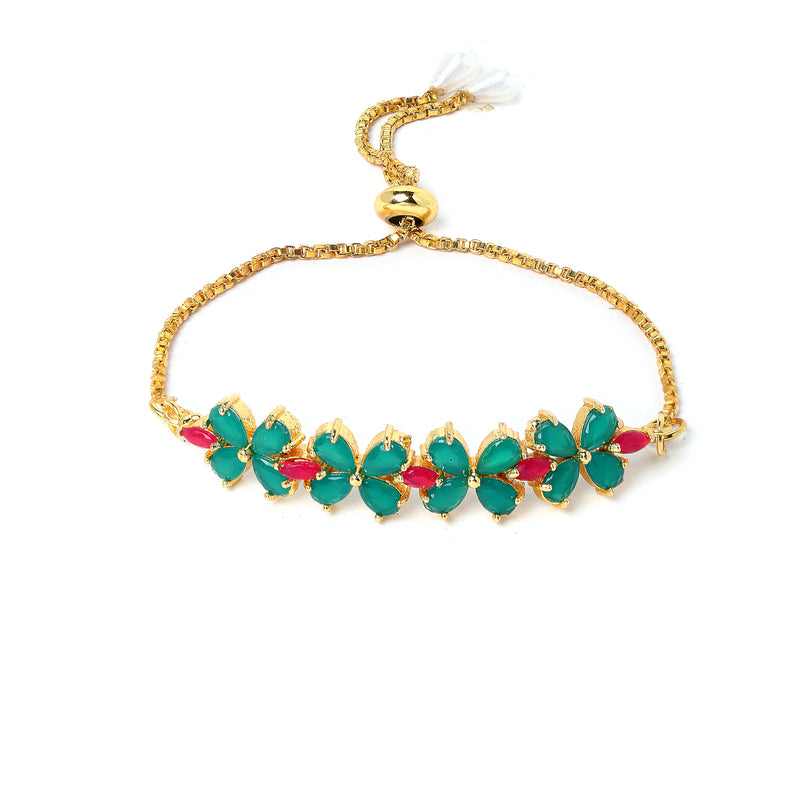 Sea Green & Red Flower Shaped Gold-Plated American Diamond Studded Jewellery Set Combo