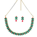 Sea Green & Red Flower Shaped Gold-Plated American Diamond Studded Jewellery Set Combo