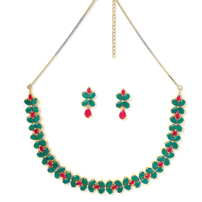 Sea Green & Red Flower Shaped Gold-Plated American Diamond Studded Jewellery Set Combo