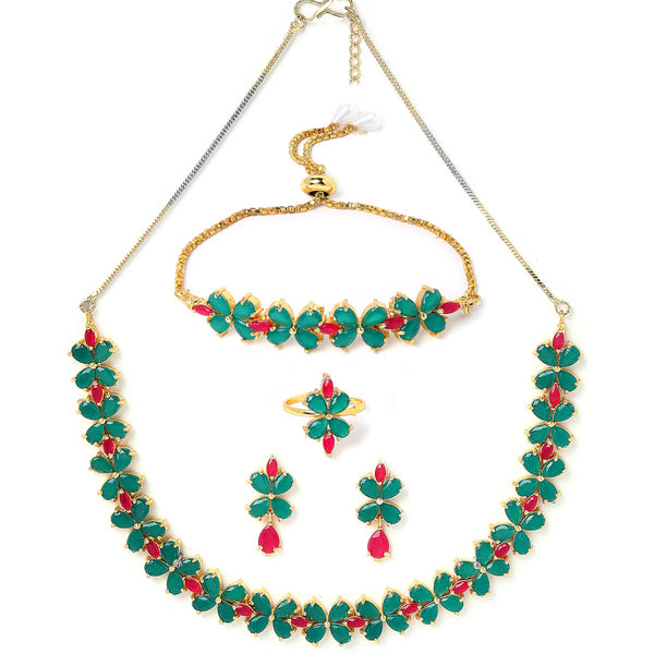 Sea Green & Red Flower Shaped Gold-Plated American Diamond Studded Jewellery Set Combo