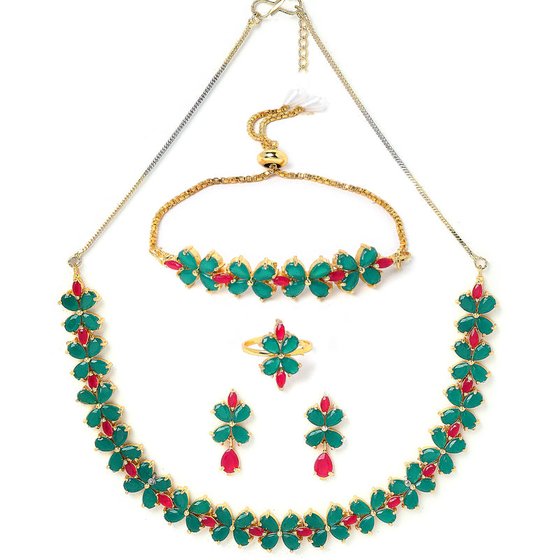 Sea Green & Red Flower Shaped Gold-Plated American Diamond Studded Jewellery Set Combo