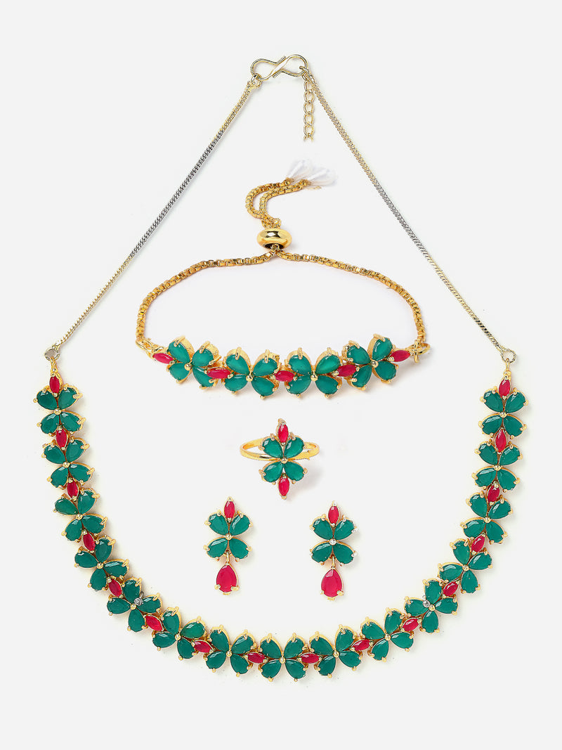 Sea Green & Red Flower Shaped Gold-Plated American Diamond Studded Jewellery Set Combo