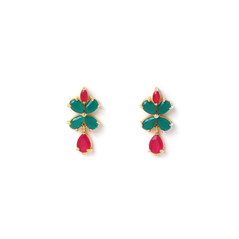 Sea Green & Red Flower Shaped Gold-Plated American Diamond Studded Jewellery Set Combo