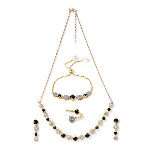 Black & White Gold Plated Stone American Diamond Studded Jewellery Set Combo