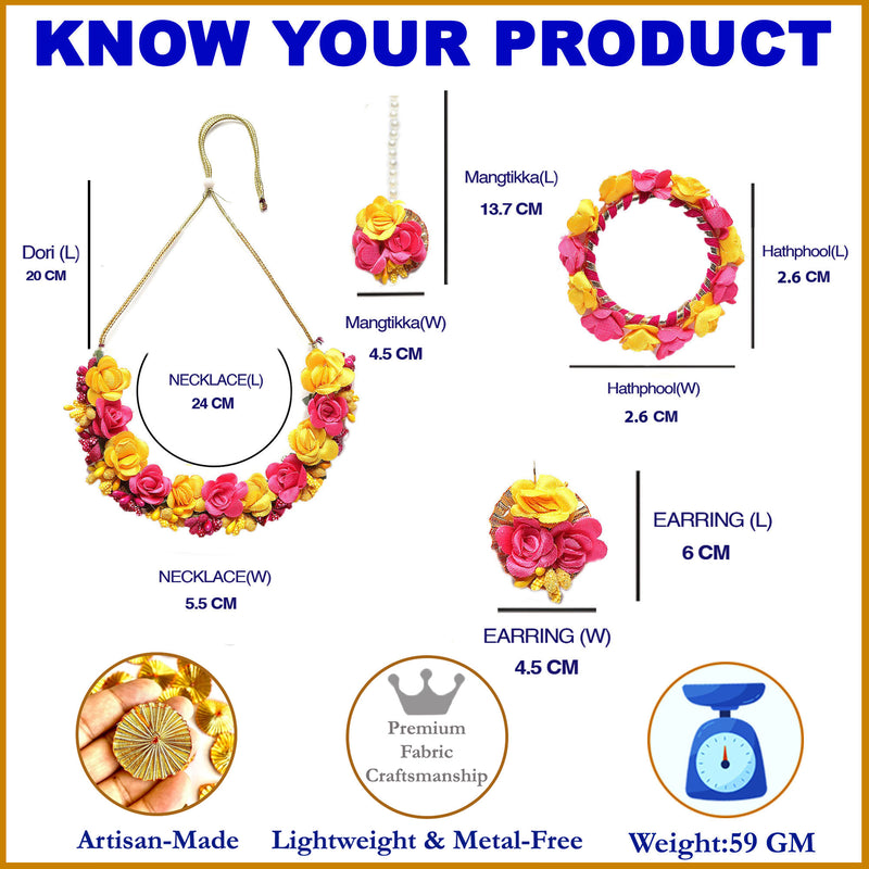 Gold-Plated Pink-Yellow Gota Patti Floral White Pearls Beaded Haldi & Mehendi Jewellery Set with Maang Tikka & Haathphool