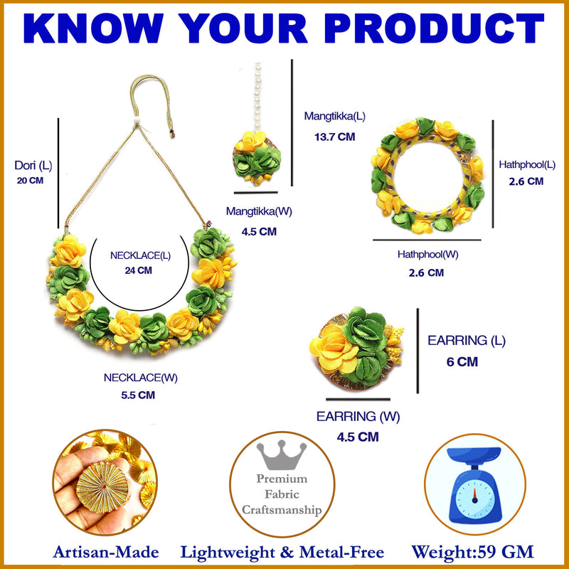 Gold-Plated Green-Yellow Gota Patti Floral White Pearls Beaded Haldi & Mehendi Jewellery Set with Maang Tikka & Haathphool