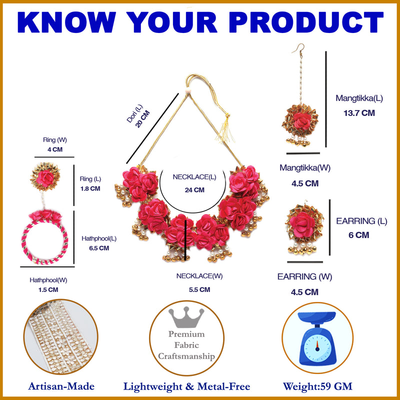 Gold-Plated Red Gota Patti Floral White Pearls Beaded Haldi & Mehendi Jewellery Set with Maang Tikka & Haathphool Ring