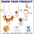Gold-Plated Yellow-Red Gota Patti Floral White Pearls Beaded Haldi & Mehendi Jewellery Set with Maang Tika & Haathphool Ring