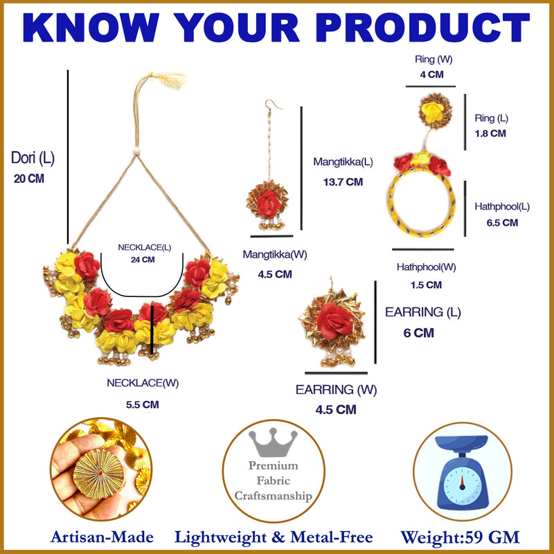 Gold-Plated Yellow-Red Gota Patti Floral White Pearls Beaded Haldi & Mehendi Jewellery Set with Maang Tika & Haathphool Ring