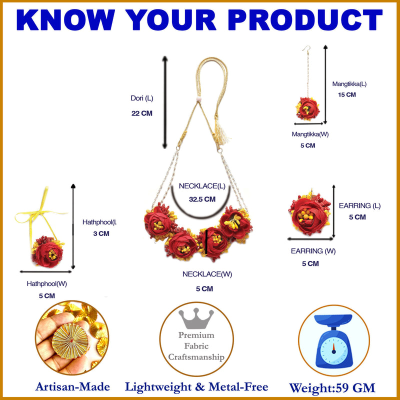 Gold-Plated Red-Yellow Floral White Pearls Beaded Haldi & Mehendi Jewellery Set with Maang Tikka & Haathphool