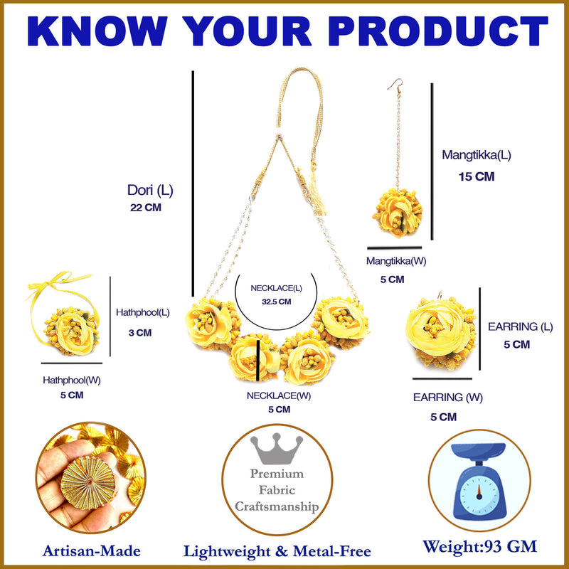 Gold-Plated Yellow Floral White Pearls Beaded Haldi & Mehendi Jewellery Set with Maang Tikka & Haathphool