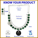 Rhodium Plated Silver Toned Green Cussion Cut AD Studded  Necklace With Matching Drop Earrings