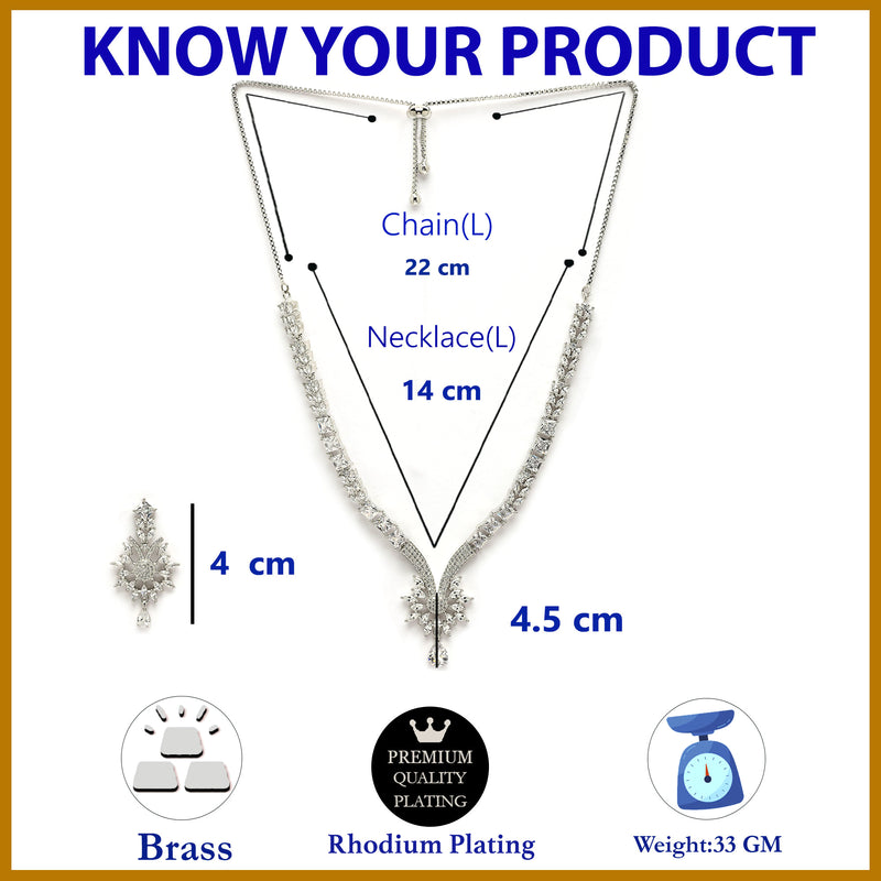 Rhodium Plated Silver Toned White American Diamond Studded Jewellery Set