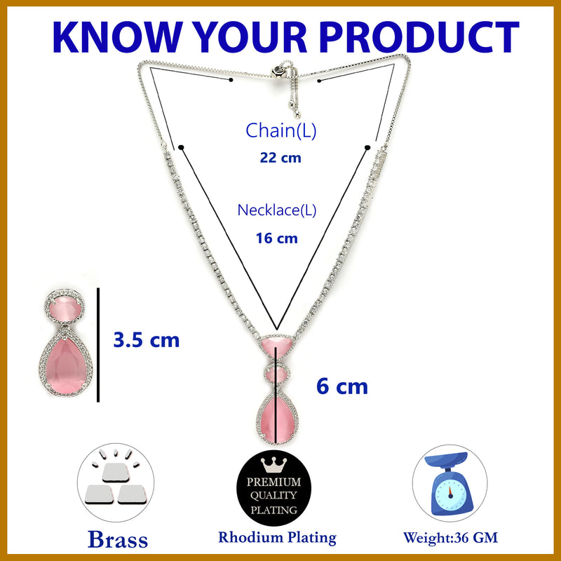 Rhodium Plated Silver Toned Teardrop Shaped Rose Pink American Diamond Studded Necklace Set