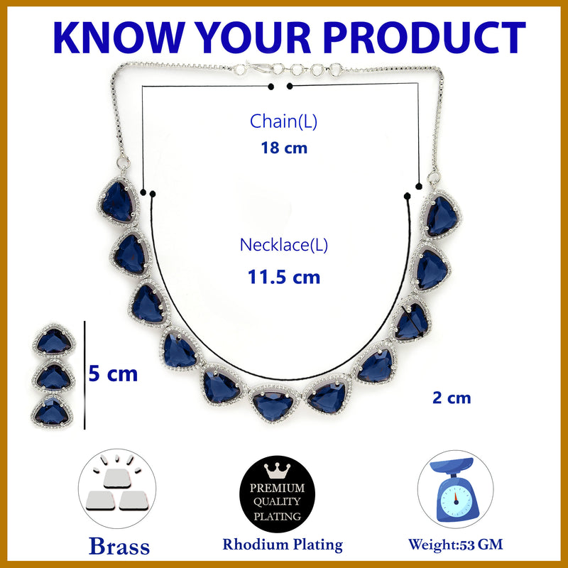 Rhodium Plated Silver Toned Blue Trillion Cut American Diamond Studded  Necklace With Matching Drop Earrings