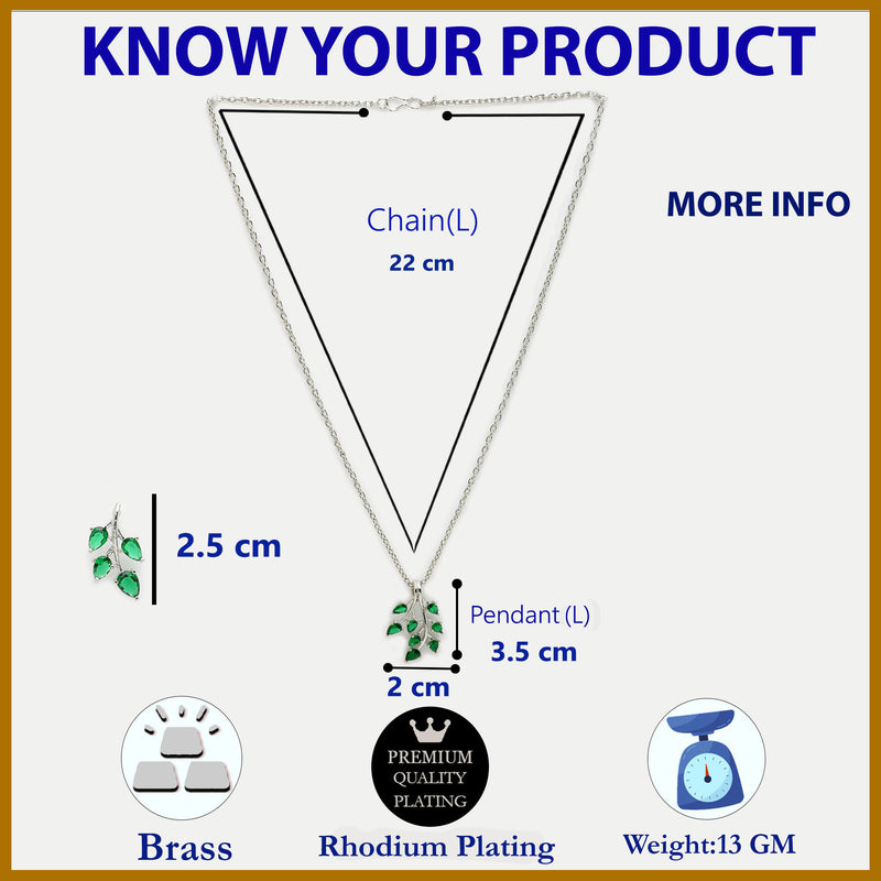 Rhodium Plated with Leaf Shaped Design & Green American Diamonds Studded Pendant Set