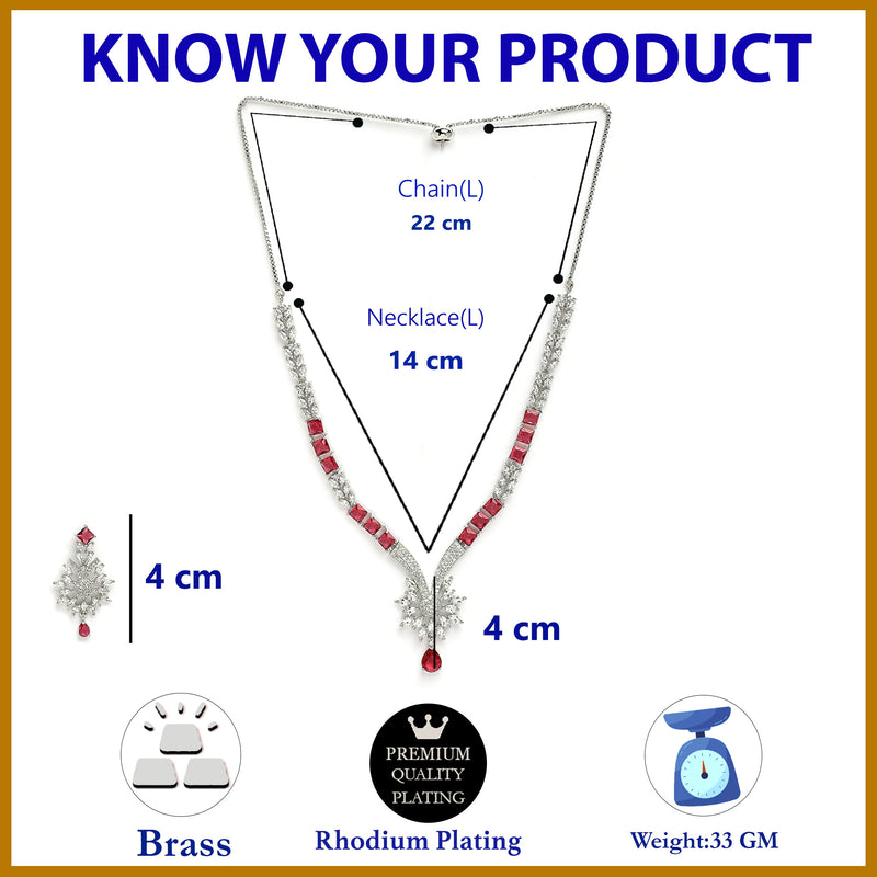 Rhodium Plated Silver Toned  Red American Diamond Studded Jewellery Set
