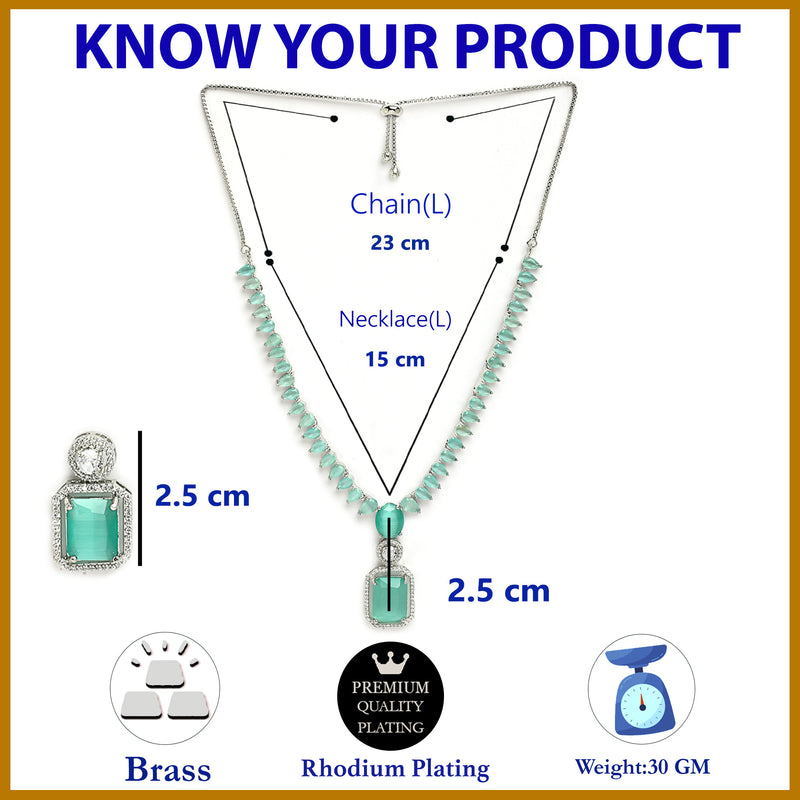 Rhodium Plated Silver Toned Sea Green American Diamond Studded Jewellery Set