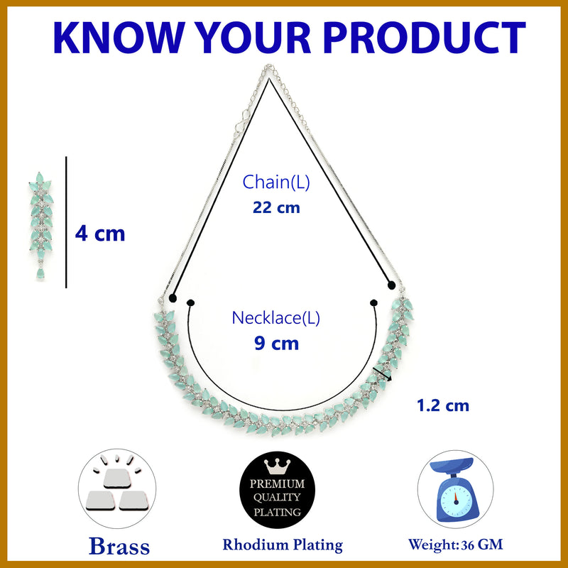 Rhodium Plated Silver Toned Sea Green Floral American Diamond Studded Necklace With Matching Earrings