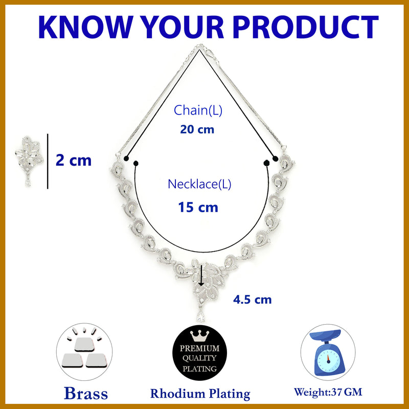 Rhodium Plated Silver Toned Floral Motif White AD Studded Necklace Set With Earrings