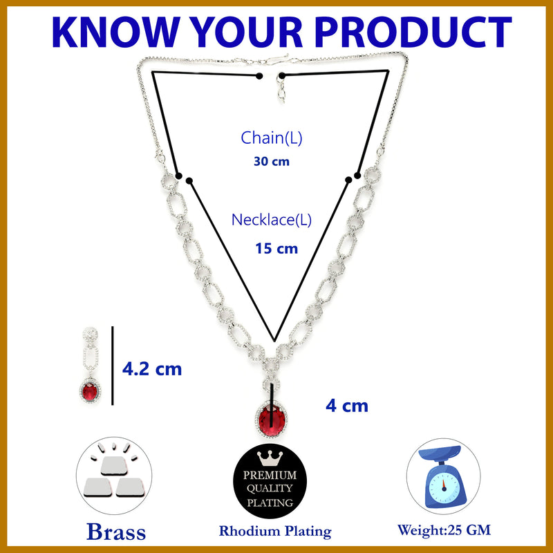 Rhodium Plated Silver Toned Red American Diamond Studded Jewellery Set