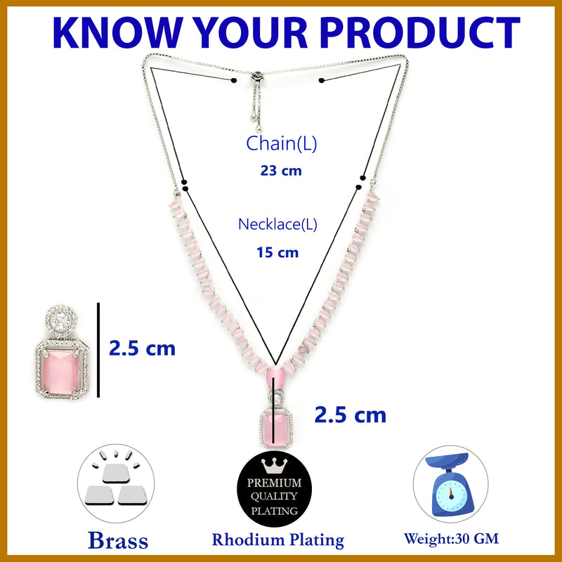 Rhodium Plated Silver Toned Pink American Diamond Studded Jewellery Set