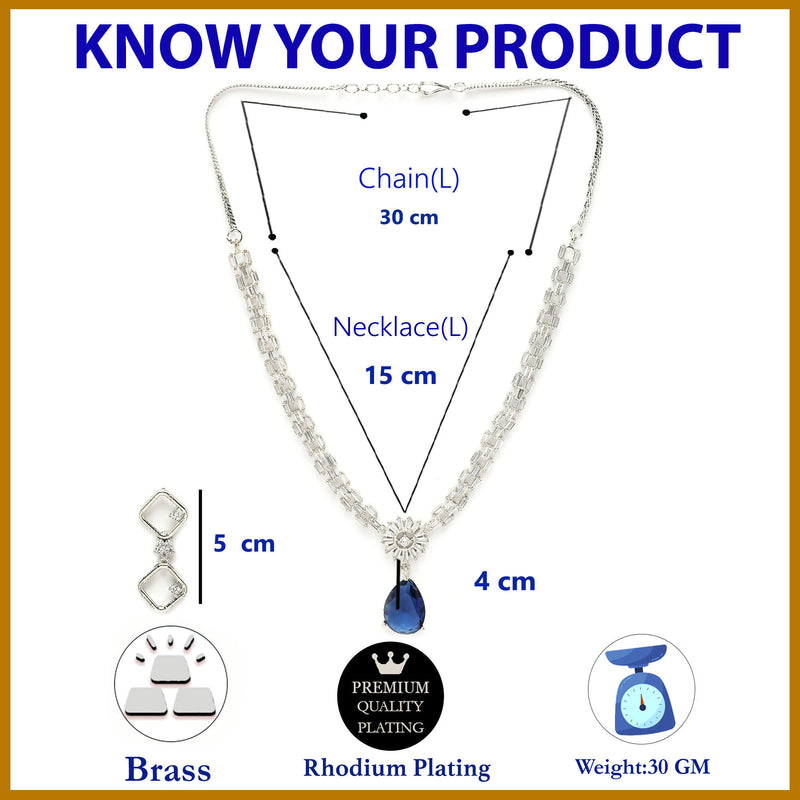Rhodium Plated Royal Blue White American Diamond Stone Studded Jewellery Set
