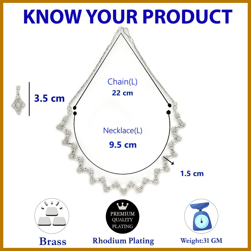 Rhodium Plated Silver Toned Zig Zag Design White AD Studded Necklace Set With Earrings