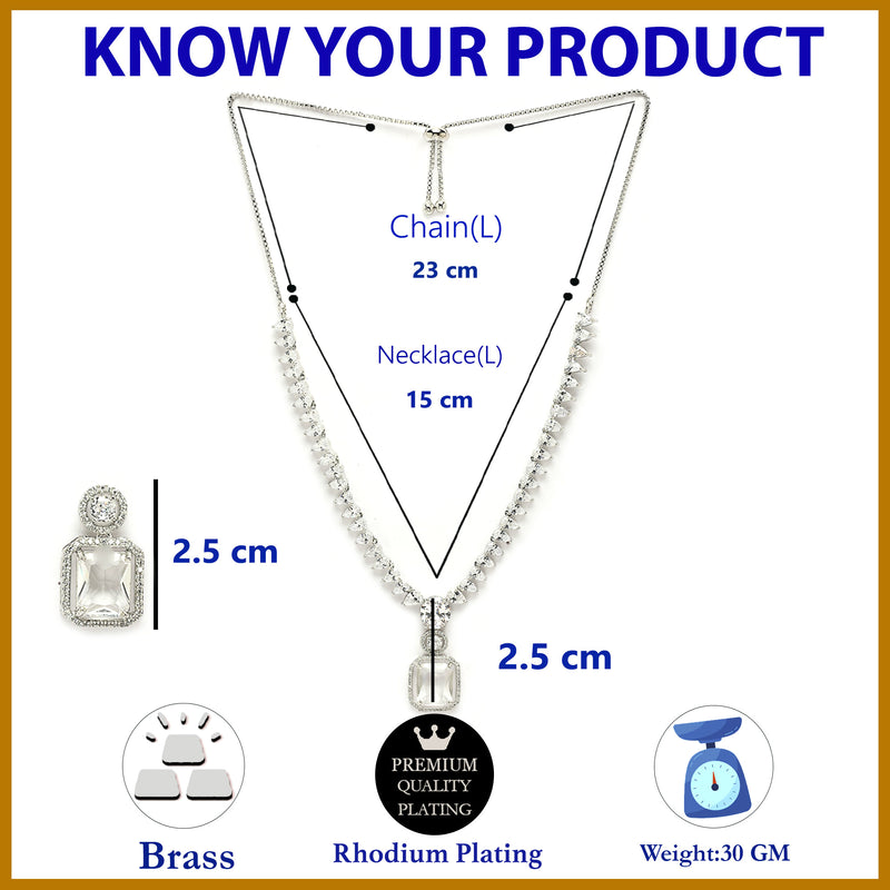Rhodium Plated Silver Toned Crystal White American Diamond Studded Necklace Set
