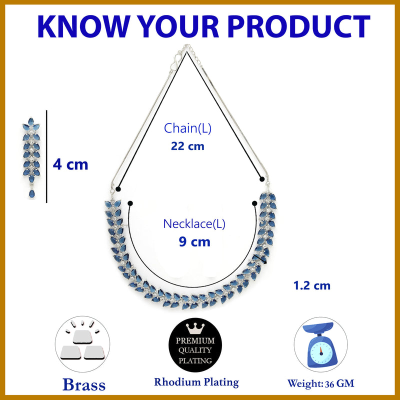 Rhodium Plated Silver Toned Blue Floral American Diamond Studded Necklace With Matching Earrings