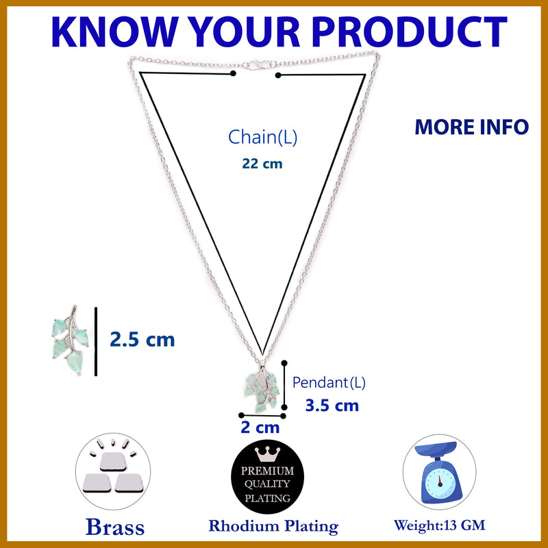 Rhodium Plated with Leaf Shaped Design & Sea Green American Diamonds Studded Pendant Set