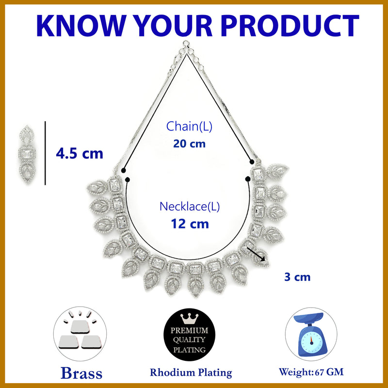 Rhodium Plated Silver Toned Marquise Shaped White American Diamond Studded  Necklace With Matching Drop Earrings