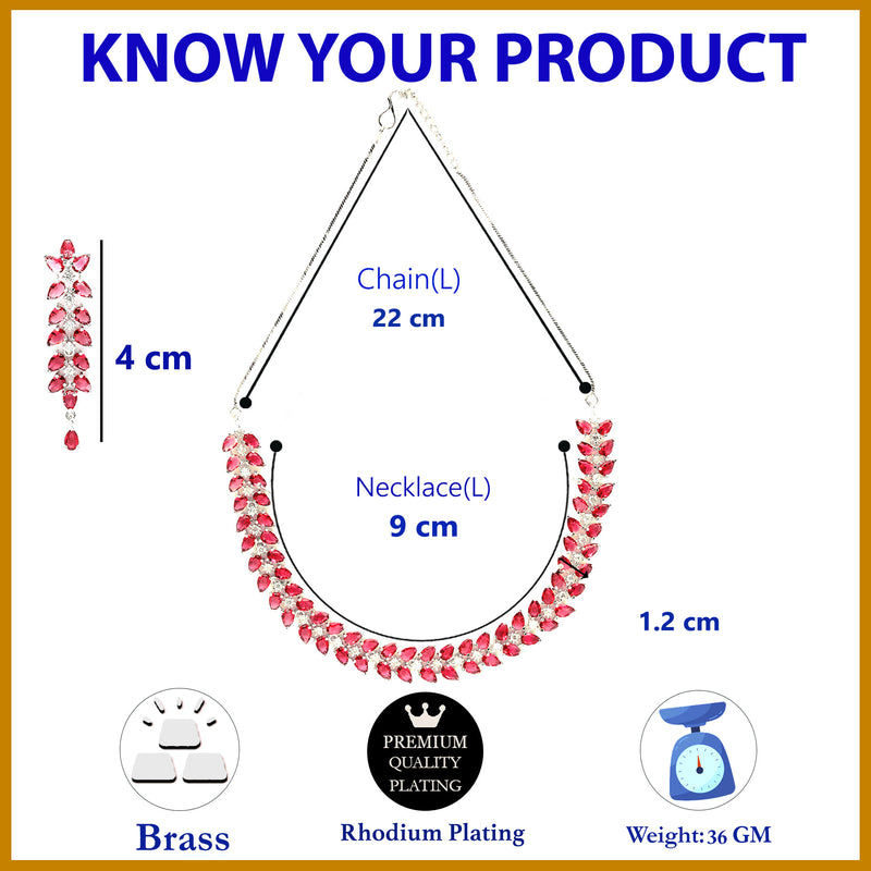 Rhodium Plated Silver Toned Red Floral American Diamond Studded Necklace With Matching Earrings