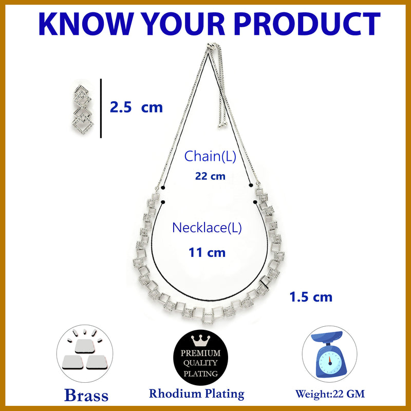 Rhodium Plated Silver Toned Geometric Design American Diamond Stone Studded Jewellery Set