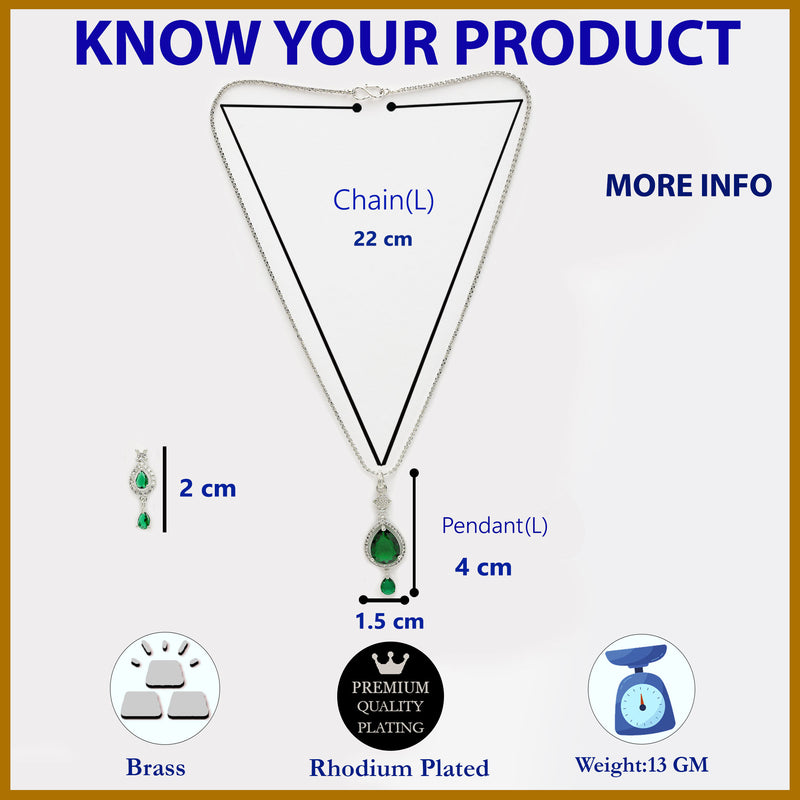 Rhodium Plated with Green Tear Drop Shape American Diamond Studded Pendent Set