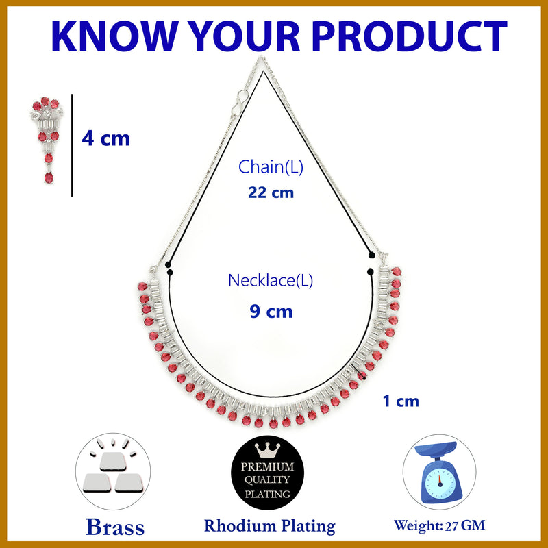 Rhodium Plated Silver Toned Red American Diamond  Studded Classic Necklace With Floral Drop Earrings