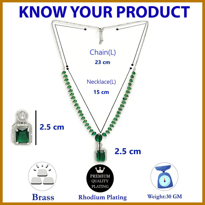 Rhodium Plated Silver Toned Green American Diamond Studded Jewellery Set