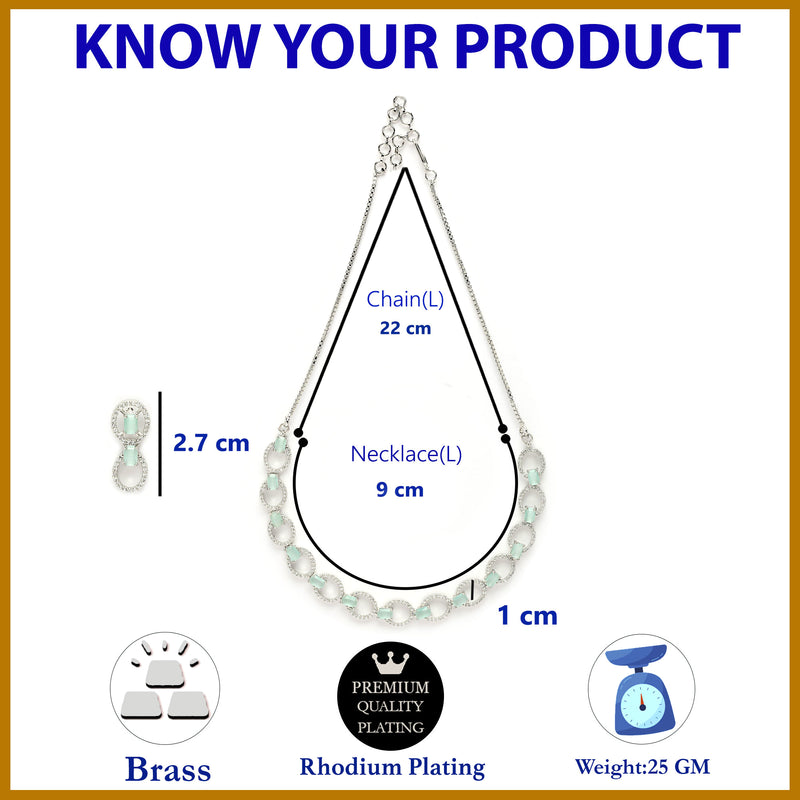 Rhodium Plated Silver Toned Sea Green American Diamond Studded Jewellery Set