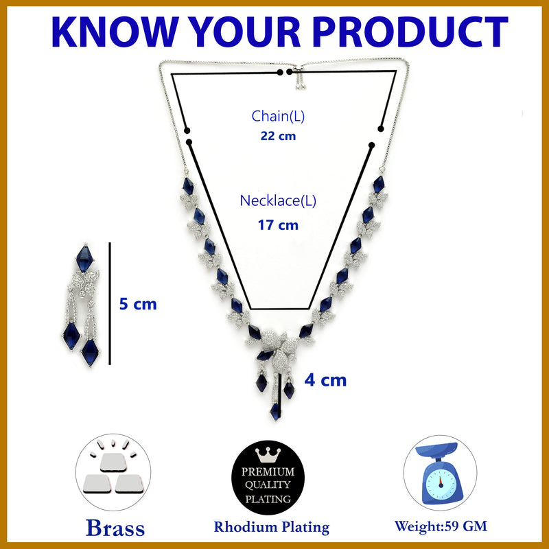 Rhodium Plated Silver Toned Blue American Diamond Studded Necklace Set