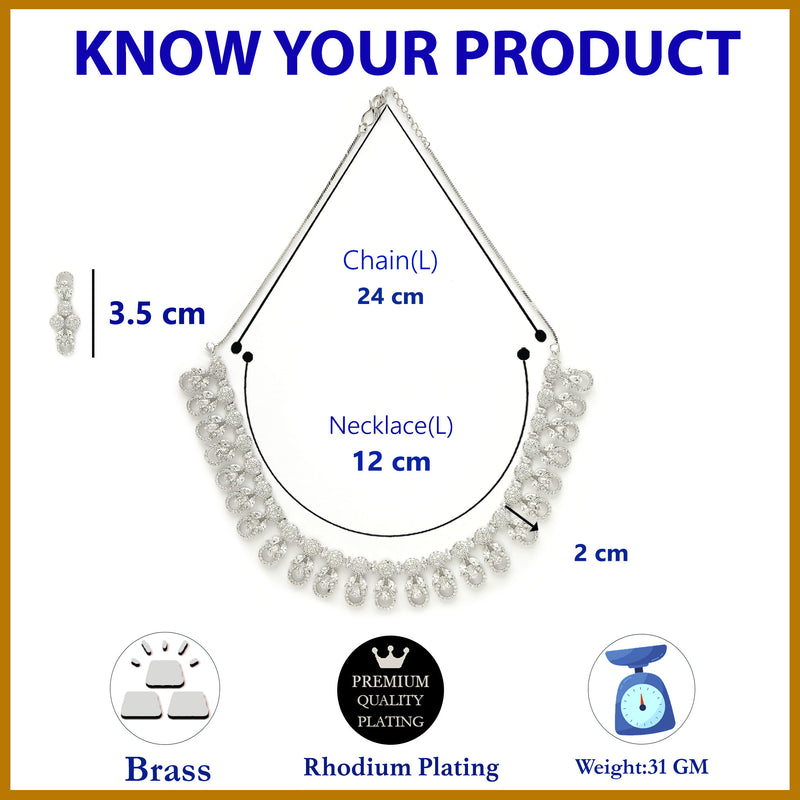 Rhodium Plated Silver Toned Round White American Diamond  Studded Necklace Set With Earrings