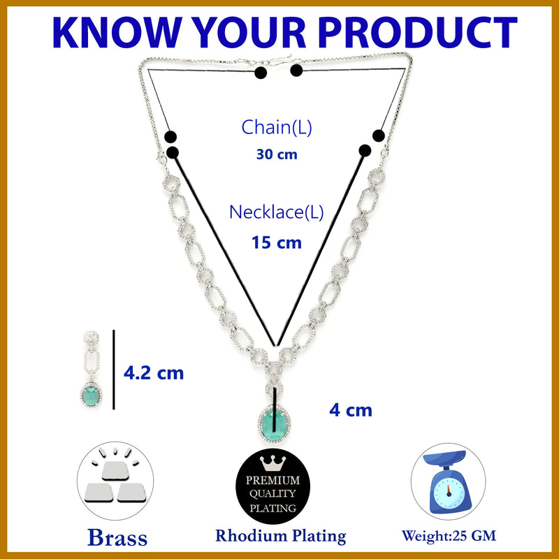 Rhodium Plated Silver Toned Sea Green American Diamond Studded Jewellery Set