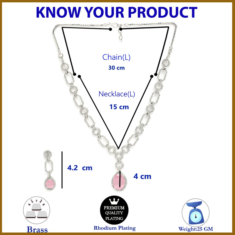 Rhodium Plated with Pink American Diamond Studded Jewellery Set
