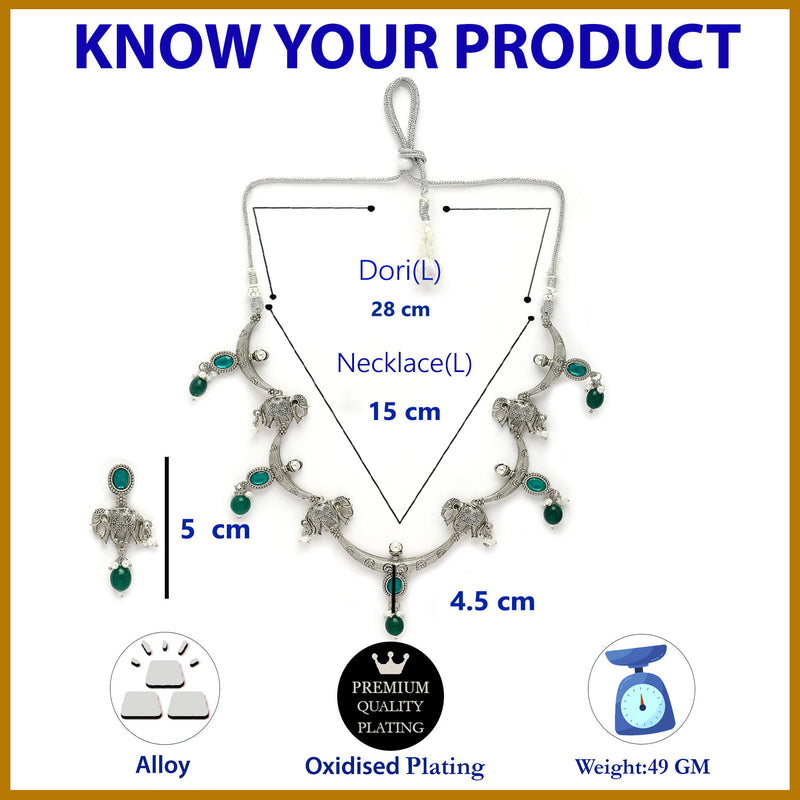 Oxidized Plated Green & Blue with Pearl & Stone Studded Jewellery Set