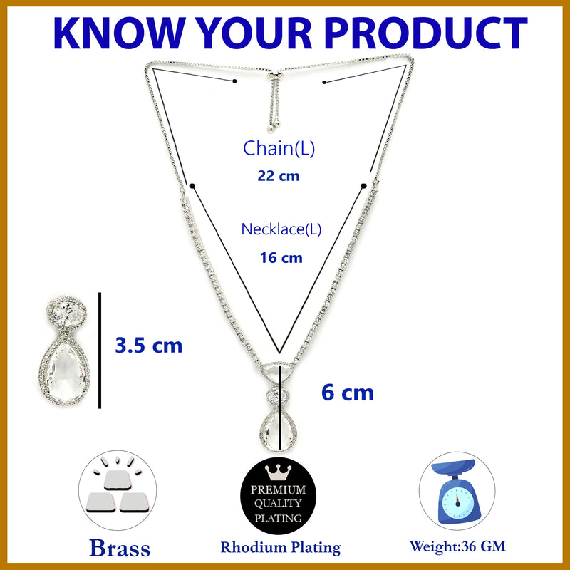 Rhodium Plated Teardrop Shaped Crystal White American Diamond Studded Necklace Set