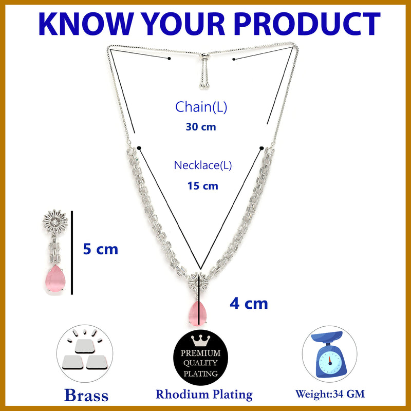 Rhodium Plated Silver Toned Teardrop Shaped Pink American Diamond Studded Necklace Set