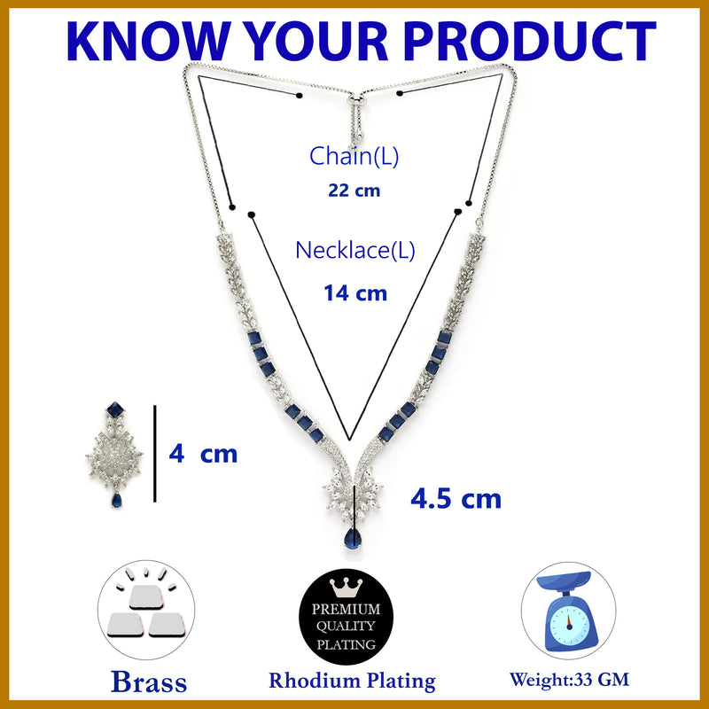 Rhodium Plated Silver Toned  Blue American Diamond Studded Jewellery Set