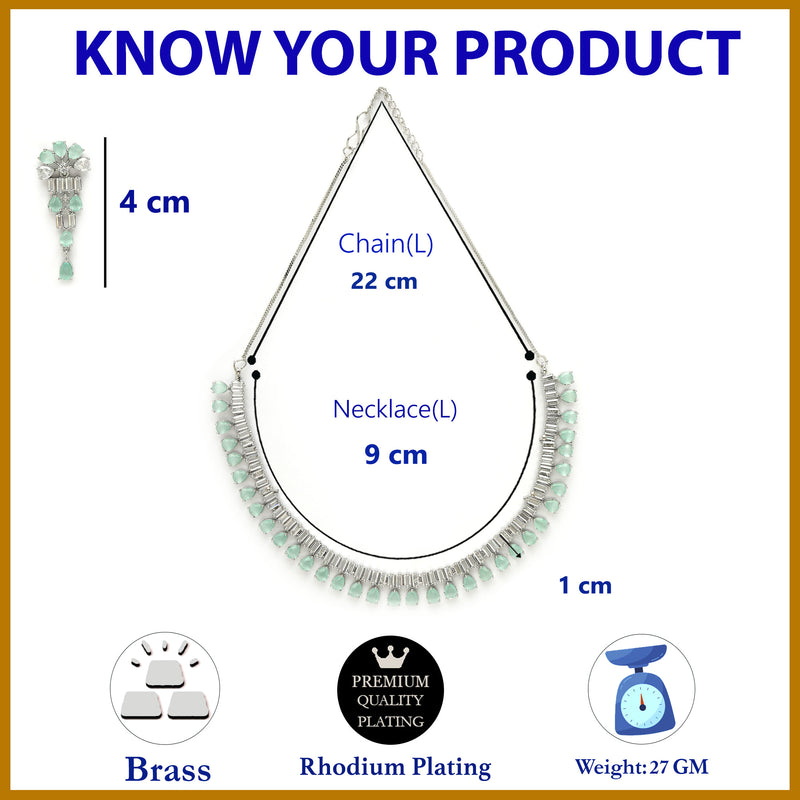 Rhodium Plated Silver Toned Sea Green American Diamond  Studded Classic Necklace With Floral Drop Earrings