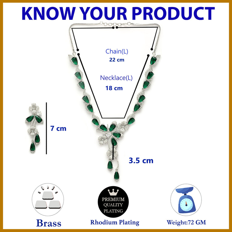 Rhodium Plated Silver Toned Emerald & White American Diamond Studded Necklace set