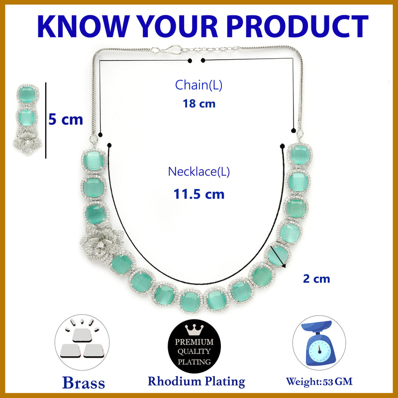 Rhodium Plated Silver Toned Sea Green Cussion Cut AD Studded  Necklace With Matching Drop Earrings